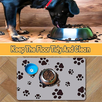 18"×30" Dog Food Mat-Absorbent Dog Mat for Food and Water, No Stains Quick Dry Cat Food Bowl Mat with Footprints for Messy Drinkers,Light Gray