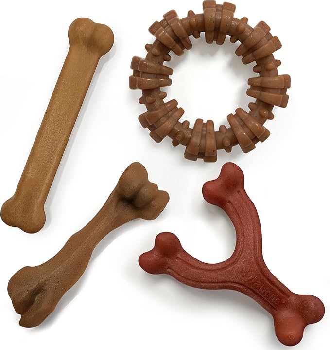 Nylabone Strong Chew Dog Toy 4-Pack Made with Real Bacon, Bison, Venison, Beef, & Chicken, Durable Chew Toys for Aggressive Chewers, Long Lasting Dog Bone, Large Breeds - Up to 50 lbs, 4 Count