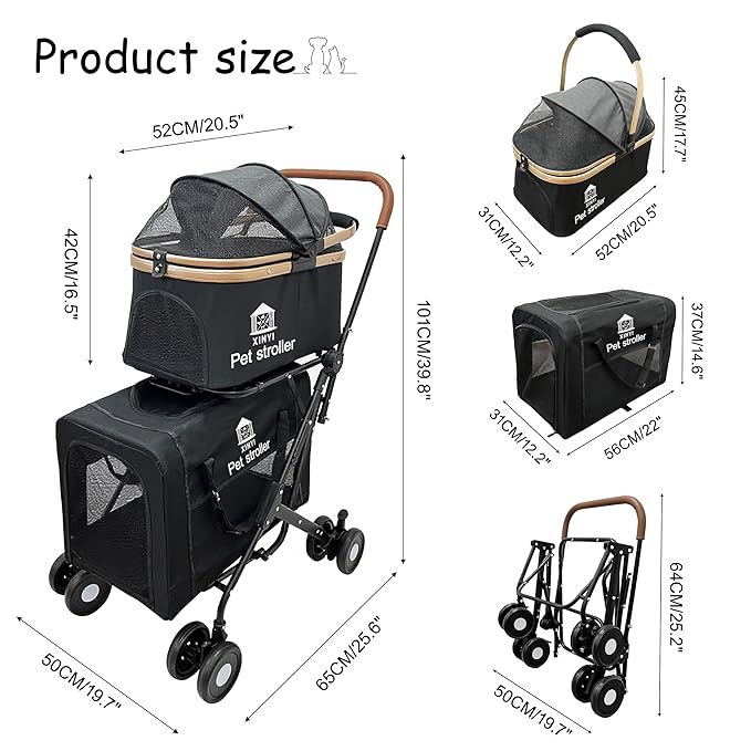 XL Extra-Large Double Pet Stroller, Running&Travel Pet Cart with Weather Cover, Cat&Dog Stroller for Large/Medium/Small Pets, Outdoor Pet Supplies