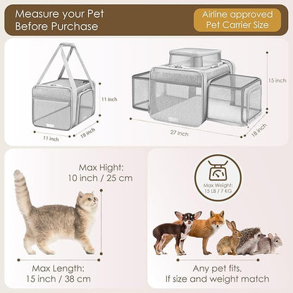 Top and 2 Sides Expandable Cat Carrier 18x11x11, TSA Airline Approved Dog Carriers for Small Dogs,Soft-Sided Pet Carrier with Self-Locking Zippers for Kitten,Rabbit, Puppy, Grey