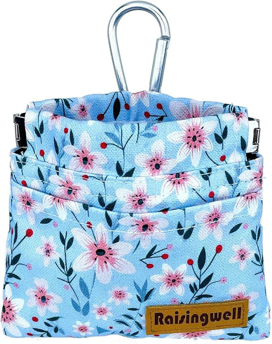 Raisingwell Dog Treat Pouch, Small Cotton Pocket Sized Training Holder, Hand Free Walking Fanny Bag with Carabiner, Self-Closing Pet Feed Snack Reward, Behavior Aids for Puppy Travel or Outdoor Use