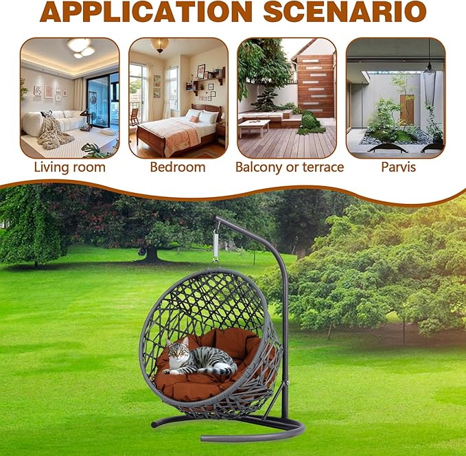 Cat Egg Chair with Stand & Cushion, Cat Swing Bed with Rattan Wicker Appearance, Hanging Chair for Indoor Cats Pet Kitten Puppy Small Dogs (Brown, 19.30 Inch)