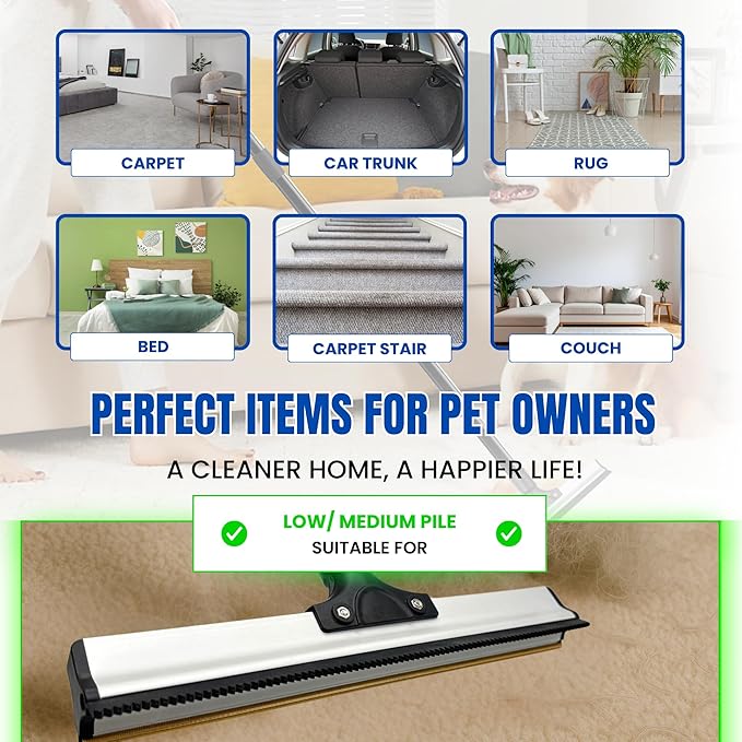 Dual-Edge Carpet Rake for Pet Hair Removal & Fluffing Matted Carpet – 61" Adjustable Handle, Deep Clean Dog & Cat Hair Remover, Reusable Scraper for Rugs, Low Pile Carpet, Couch & Stairs