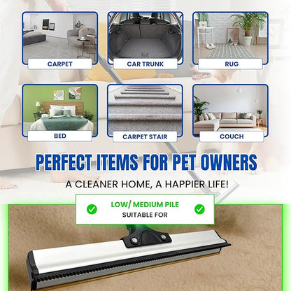 Dual-Edge Carpet Rake for Pet Hair Removal & Fluffing Matted Carpet – 61" Adjustable Handle, Deep Clean Dog & Cat Hair Remover, Reusable Scraper for Rugs, Low Pile Carpet, Couch & Stairs