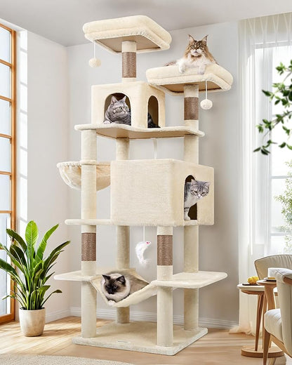 Globlazer Cat Tree Tower, 76-Inch Extra Tall Multi-Level Cat Furniture with Cozy Condos, Hammock and Perches for Adult Cats, Perfect for Climbing, Scratching, and Play, F76, Beige