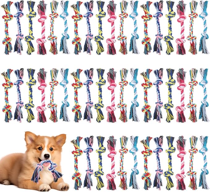 48 Pcs Dog Rope Toys Bulk for Medium and Small Dogs, Multi Color Dental Cotton Puppy Teething Toys 2 Knot Indestructible Chew Tug of War Dog Toys for Aggressive Chewers Supplies