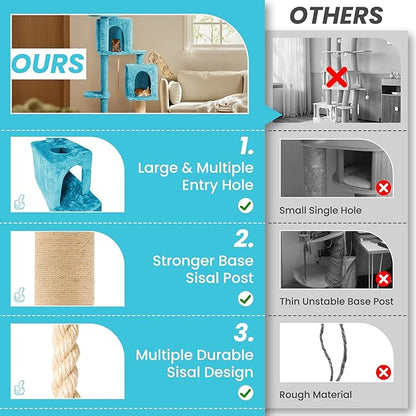 58in Large Cat Tree Tower for Indoor Cats with Soft Plush Hang Ball, Two Condos, Sisal Scratch Posts & Rope Play for Kittens/Adult Cats, Blue