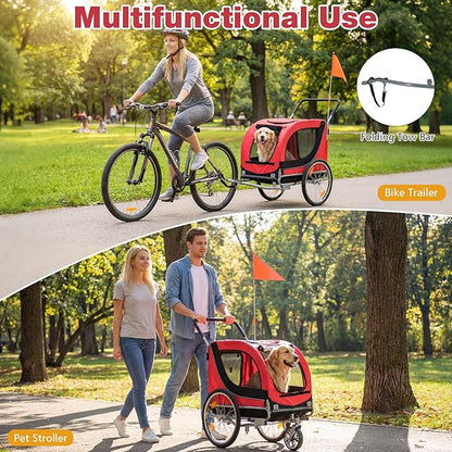 Giantex 2-in-1 Dog Bike Trailer & Pet Stroller for Large Dogs – Foldable Pet Carrier Cart with Front Caster & 2 Air-Filled Tires, Breathable Mesh, PVC Rain Cover, 176 lbs Capacity