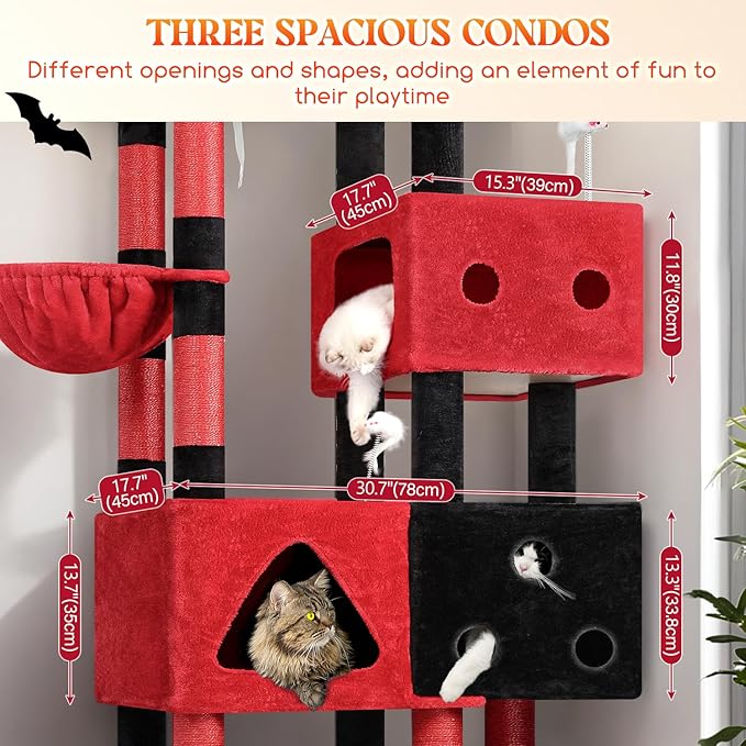 Globlazer Extra Large Gothic Cat Tower, 81-inch Tall Goth Cat Tree for Big Cats 20 lbs, XXL Heavy Duty Cat Scratching Tower for Indoor Adult Cats with 3 Cat Condos, 8 Scratching Posts, F81, Red Black