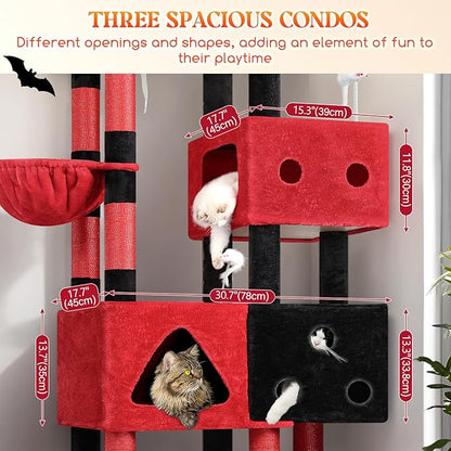 Globlazer Extra Large Gothic Cat Tower, 81-inch Tall Goth Cat Tree for Big Cats 20 lbs, XXL Heavy Duty Cat Scratching Tower for Indoor Adult Cats with 3 Cat Condos, 8 Scratching Posts, F81, Red Black