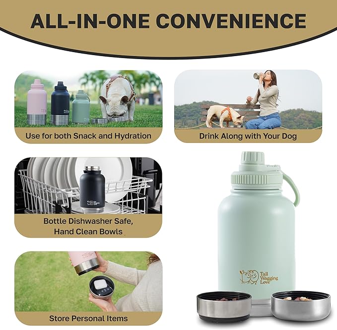 32oz 3-in-1 Portable Travel Water Bottle, Food & Hydration Bottle - Dual Use for Humans & Pets with Detachable Bowls, Stainless Steel, Keeps Water Hot for 6hrs & Cold for 12hrs