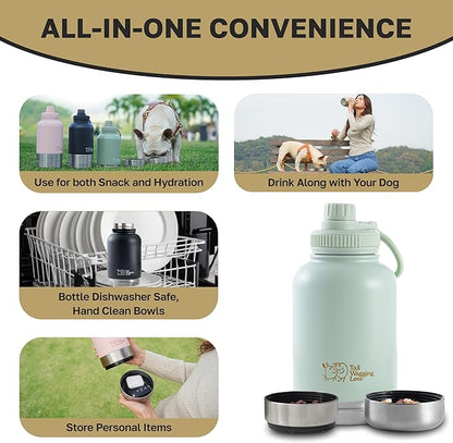 32oz 3-in-1 Portable Travel Water Bottle, Food & Hydration Bottle - Dual Use for Humans & Pets with Detachable Bowls, Stainless Steel, Keeps Water Hot for 6hrs & Cold for 12hrs