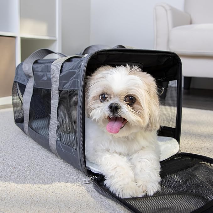Sherpa Pet Carrier Airline Approved with Spring Wire Frame - Cat Carrier and Dog Carriers for Airline Travel and Vet Visits, Mesh Ventilation, Locking Zippers - Charcoal Grey, Large