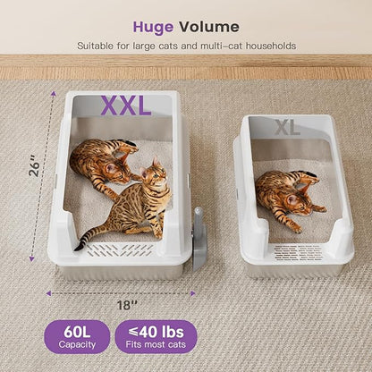 Extra Large XXL Stainless Steel Cat Litter Box with Lid, 26" L x 18" W x 12" H Metal Litter Box with Hight Sides for Big Cats & Multiple Cats, Never Absorbs Odors, Anti-Urine Leakage, Easy Cleaning