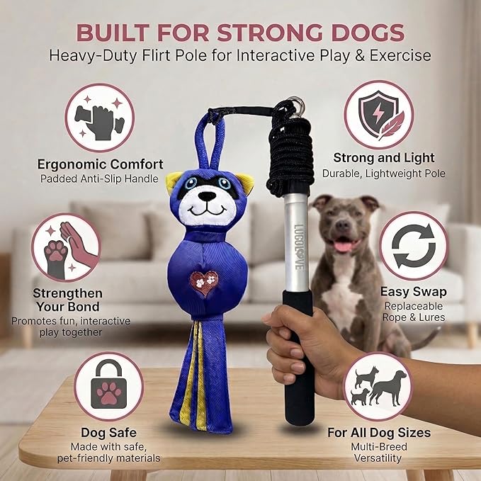 Flirt Pole for Dogs Heavy Duty - Multi-Sensory Tough Chase Toy for Medium & Large Breeds – Extra Strong 35" Dog Teaser Wand for Backyard Play, Training and Interactive Fun (Raccoon)