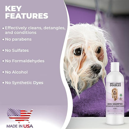 4-in-1 Dog Shampoo Dog Shampoo, Conditioner & Detangler - Best Shampoo for Goldendoodles, Poodles & Doodles - for Matted Pet Hair - Made in The USA, 16OZ, Lavender [We Love Doodles]