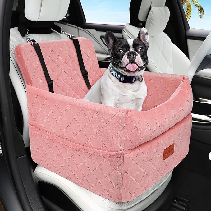 HEGGCOOE Dog Car Seat for Small Medium Dogs, Memory Foam Puppy Dog Booster Seat with Thick Cushion for Dogs Under 35lbs, Detachable Washable Pet Car Seat Travel Bed with Storage Pockets,2 Safety Belts
