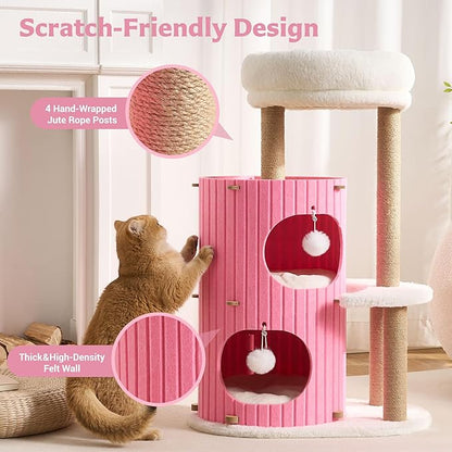 Modern Cat Tree for Indoor Cats Large Adult, 36in H Cat Tree Tower with Scratching Posts, Cozy Cat Bed Cave, Washable Cushions, Dangling Balls, Play&Nap Cat House Condo for All Breeds, Pink