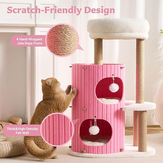Modern Cat Tree for Indoor Cats Large Adult, 36in H Cat Tree Tower with Scratching Posts, Cozy Cat Bed Cave, Washable Cushions, Dangling Balls, Play&Nap Cat House Condo for All Breeds, Pink
