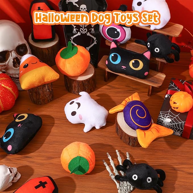 24 Pcs Halloween Dog Squeaky Bulk Halloween Bat Spider Stuffed Plush Cat Interactive Stuffed Dog Chew for Small Medium Pets Teething Cleaning and Training