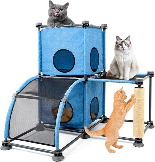 Large Cat Hamock Bed with Scratching Post – Multi-Level Cat Tree with House Condos & Ladder for Indoor/Outdoor Use+Blue/Two-Tier
