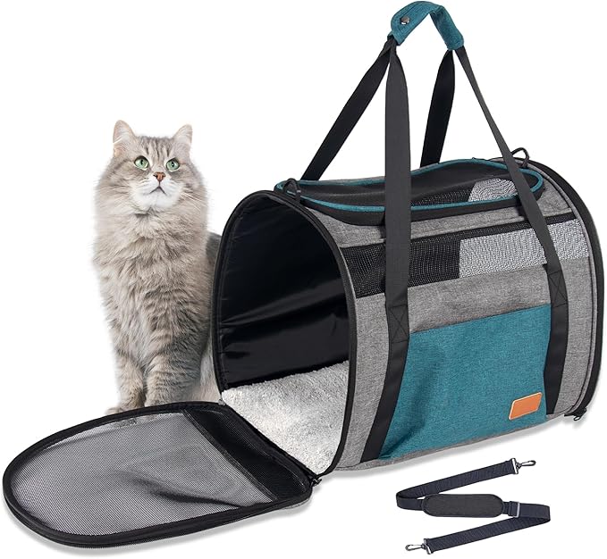 Large Cat Carrier for Cats 20 lbs, Soft Sided Breathable Mesh Travel Carrier, Airline Approved, Washable Pet Carrier for Small Dogs Puppies, Foldable, Blue