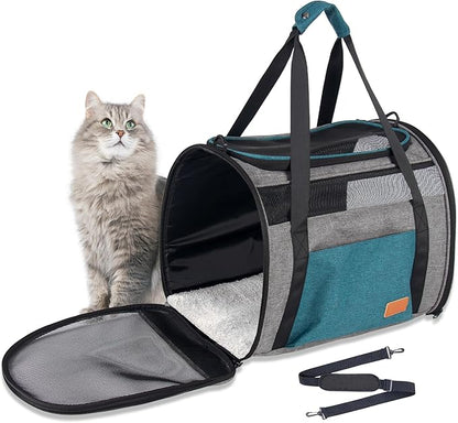 Large Cat Carrier for Cats 20 lbs, Soft Sided Breathable Mesh Travel Carrier, Airline Approved, Washable Pet Carrier for Small Dogs Puppies, Foldable, Blue
