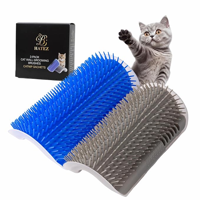 Extended 6.1 Inch Cat Self Groomer 2 Pack Corner Wall Brushes with Catnip, Adhesive & Screws, Cat Face Massager Comb for Indoor Cats, Wall Mounted Grooming Station, Durable & Easy to Clean