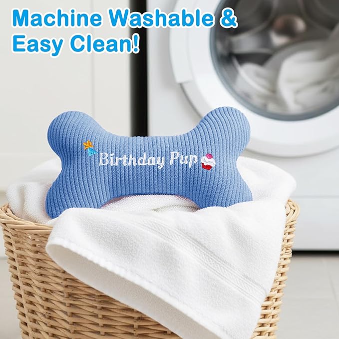 2026 Birthday Squeaky Dog Toys, Embroidered Bone Shape Blue Corduroy Pet Pillow 8"x5",Plush Soft Cotton Filled Cute Fun Dog Chew Puzzle Toy Birthday Gifts for Small Medium Dogs(Birthday Pup)