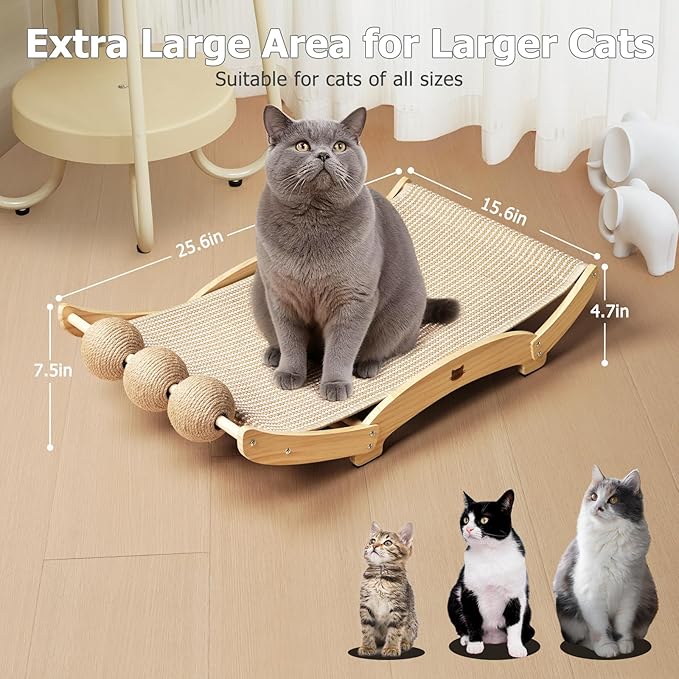 Extra-Larger Sisal Cat Scratcher Bed with Ball, 3-in-1 Cat Scratching Pad with Hammock, Natural Sisal with Solid Wood Frame Cat Scratch Post for Indoor Cats Lounger & Sleep & Scratch(Natural)