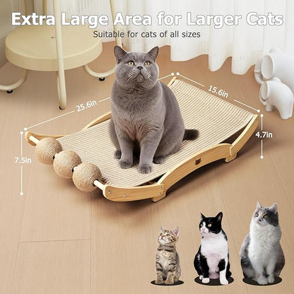 Extra-Larger Sisal Cat Scratcher Bed with Ball, 3-in-1 Cat Scratching Pad with Hammock, Natural Sisal with Solid Wood Frame Cat Scratch Post for Indoor Cats Lounger & Sleep & Scratch(Natural)