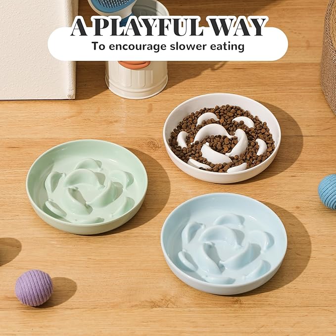 Melamine Cat Slow Feeder Bowl - Pastel Series Cat Plate for Dry and Wet Food - Cute Maze Feeder Dish for Healthy Eating - Dishwasher Safe - 6.3''W x 1.2''H - 7 OZ - Pale Blue