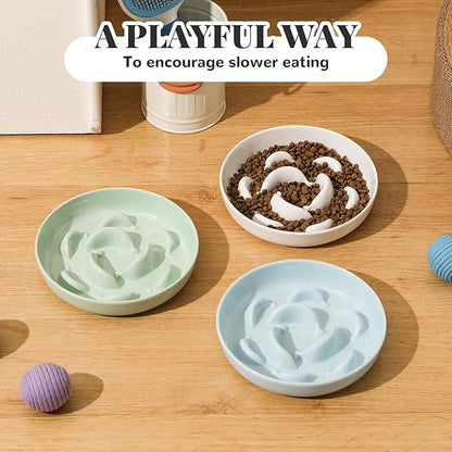 Melamine Cat Slow Feeder Bowl - Pastel Series Cat Plate for Dry and Wet Food - Cute Maze Feeder Dish for Healthy Eating - Dishwasher Safe - 6.3''W x 1.2''H - 7 OZ - Pale Blue