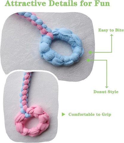 Baba&Nana Braided Fleece Dog Tug Toy, Assorted Colors Dog Rope Toy with Ball, Interactive Tug of War Dog Toy for Large & Medium & Agility Dogs (Pink/Blue-Donut Style)