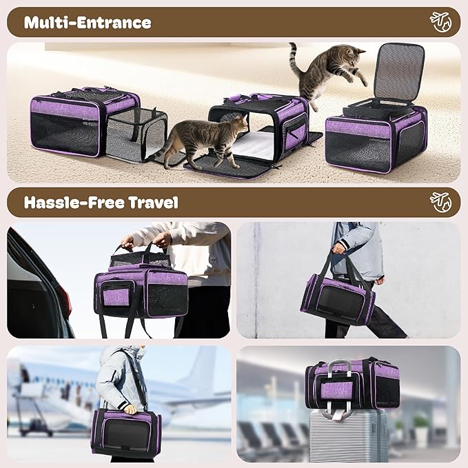 Top and 2 Sides Expandable Cat Carrier 18x13.5x9.5, TSA Airline Approved Dog Carriers for Small Dogs, Soft-Sided Pet Carrier with Self-Locking Zippers for Kitten,Rabbit, Puppy Purple