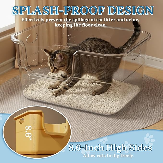 Low Entry Litter Box for Kittens & Senior Cat, High Sided Kitty Litter Boxes with Handle, Anti-Splash Plastic Large Litter Tray Pan for Big Cats, Easy to Clean, 19.6"L*13.7"W*8.6"H (Apricot)