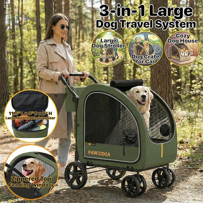 PAWZIDEA 3-in-1 Dog Stroller for Large Dogs with Detachable Carrier, 45% Extra Tall Dog Car Crate up to 100lb Sit Upright, Foldable Pet Stroller for 2 Medium Dogs All-Terrain Jogger, Adjustable Handle