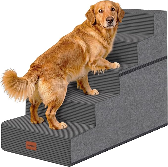 Dog Stairs for Small Dogs, 22.5" H, 5-Step Pet Steps for High Bed, Non-Slip Balanced Pet Ramp for Medium Cats,Indoor Dog Ladder, Grey