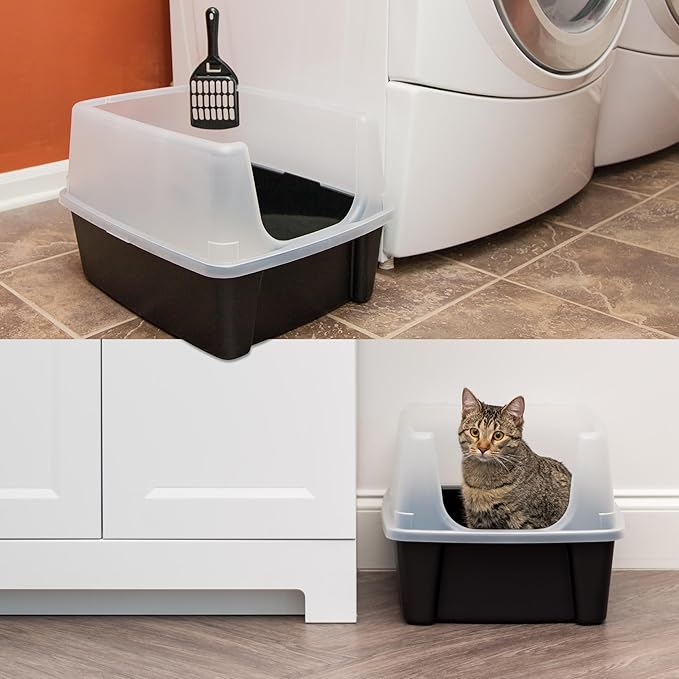 IRIS USA Large Open Top Cat Litter Box with High Sided Walls Tall Scatter Shield Scoop Included Easy Clean Plastic Pan Stain Resistant for Cats Kittens Indoor Multi-Cat Households 2-Pack Black