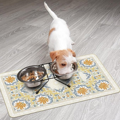 Pet Dog Cat Food Mat, Absorbent Dog Bowl Mats for Food and Water, Non Slip Boho Dogs Cat Placemats Feeding Mat for Floors Indoor Puppy Pet Accessories Supplies 17 * 30 inch, Khaki