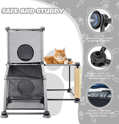 Large Cat Hamock Bed with Scratching Post – Multi-Level Cat Tree with House Condos & Ladder for Indoor/Outdoor Use+Grey/Two-Tier