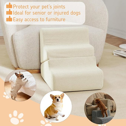 Dog Ramp for Bed, 16.5" H Dog Stairs for High Bed, 2 in 1 Pet Steps for Small Dogs, 3-Step Foldable Transformable Large Cats Ramp to Get on Couch, Non-Slip Balanced, Beige