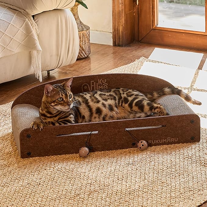 FUKUMARU 26 Inch Cat Scratcher Bed, 2 Reversible Cardboard Cat Scratch Pads Refill for Indoor Cats, Durable Large Cats Scratching Bed Sofa Couch Lounger with Fun Toys, Furniture Protector, Caramel