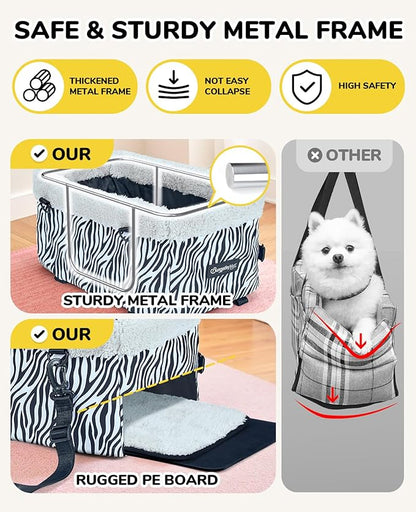 Center Console Dog Car Seat, Puppy Carseat for Small Dogs, Cat Car Seat with Metal Frame and Double Protection Seat Belts, Pet Booster Seat with Washable Cushion and Clip-on Leash Cute Zebra Print