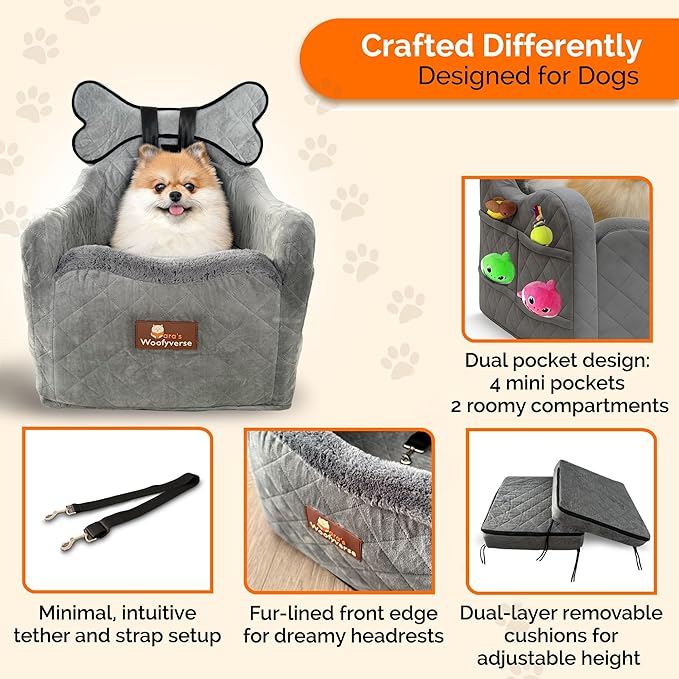 Yara’s Woofyverse Dog Seat for Car – Booster Seat for Small & Medium Dogs with Adjustable Cushions, Fur-Lined Headrest & 6-Pocket Storage – Portable Pet Car Seat for Front/Back Travel – Stone Shadow