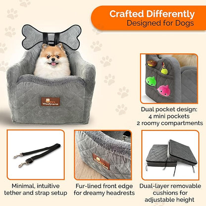 Yara’s Woofyverse Dog Seat for Car – Booster Seat for Small & Medium Dogs with Adjustable Cushions, Fur-Lined Headrest & 6-Pocket Storage – Portable Pet Car Seat for Front/Back Travel – Stone Shadow