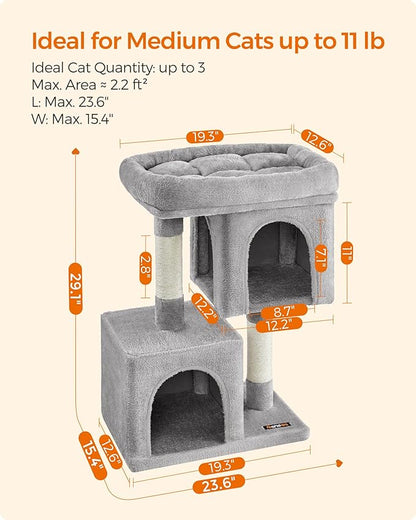 Feandrea Cat Tree, 29.1-Inch Cat Tower, Plush Condo for Medium Cats up to 11 lb, Large Perch, 2 Caves, Scratching Post, Light Gray UPCT612W01