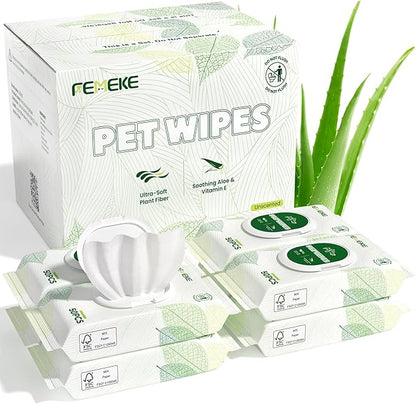 400 Count Unscented Dog Wipes & Cat Wipes (8x50 Packs) | Hypoallergenic, pH Balanced for Paws, Body, Face & Grooming |All-Natural Plant Fiber Wipes with Aloe, Coconut Oil & Vitamin E |Pearl Texture