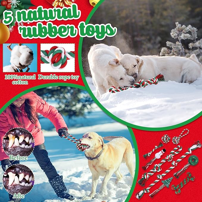 Vinsot 12 Pack Christmas Dog Gifts Large Dog Chew Toys for Aggressive Chewers Red Green White Teething Toys with Dental Rope Squeaky Balls and Chew Bone for Medium Large X-Large Breeds Dogs
