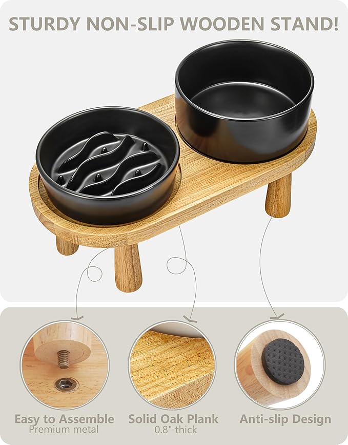 Ceramic Slow Feeder and Water Bowl Set for Small Dogs, 0.6 Cups Dog Slow Feeder(14oz) and 30oz Water Bowl Set, 6in, Black